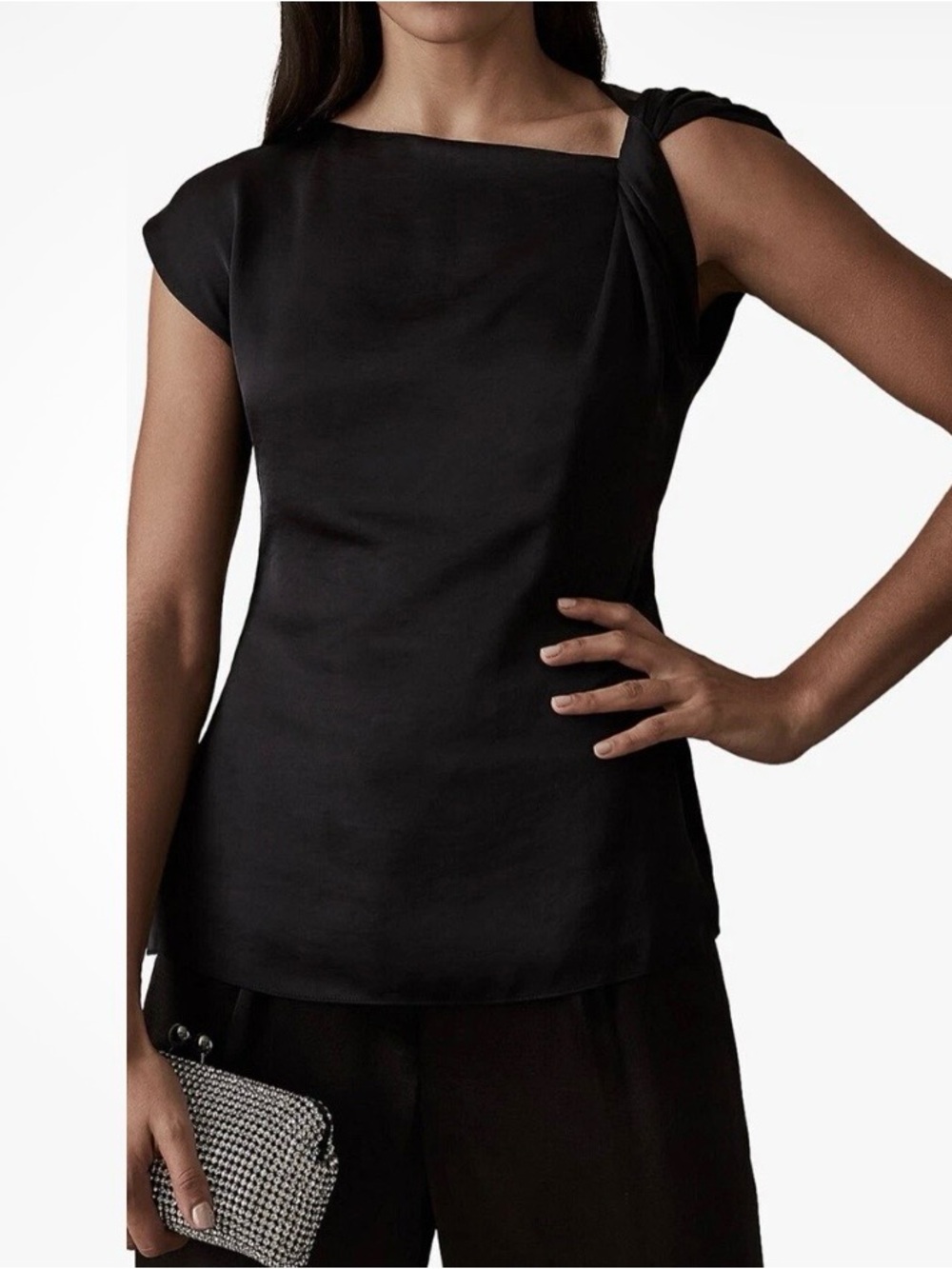 Reiss Trinny Black Twist Knot Asymmetric Neck Cap Sleeve Silky Top US 2/UK 6